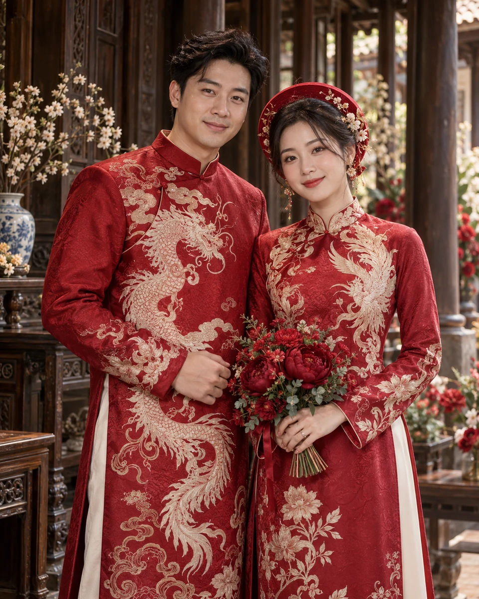 Ảnh AI minh họa Cưới áo dài Việt Nam: Hai người trưởng thành, Nhà gỗ