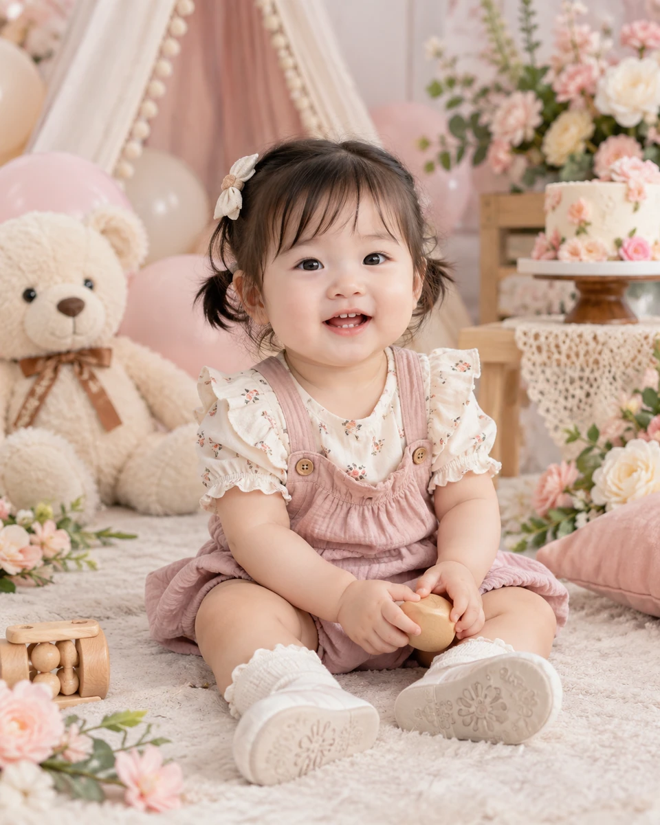 Ảnh AI minh họa Thôi nôi và sinh nhật bé: Đồ trẻ đúng tuổi mềm thoải mái, Studio pastel
