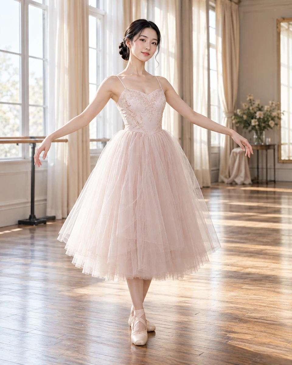 Ảnh AI minh họa Ballet mềm mại: Váy tulle nhiều lớp kín đáo, Studio sáng