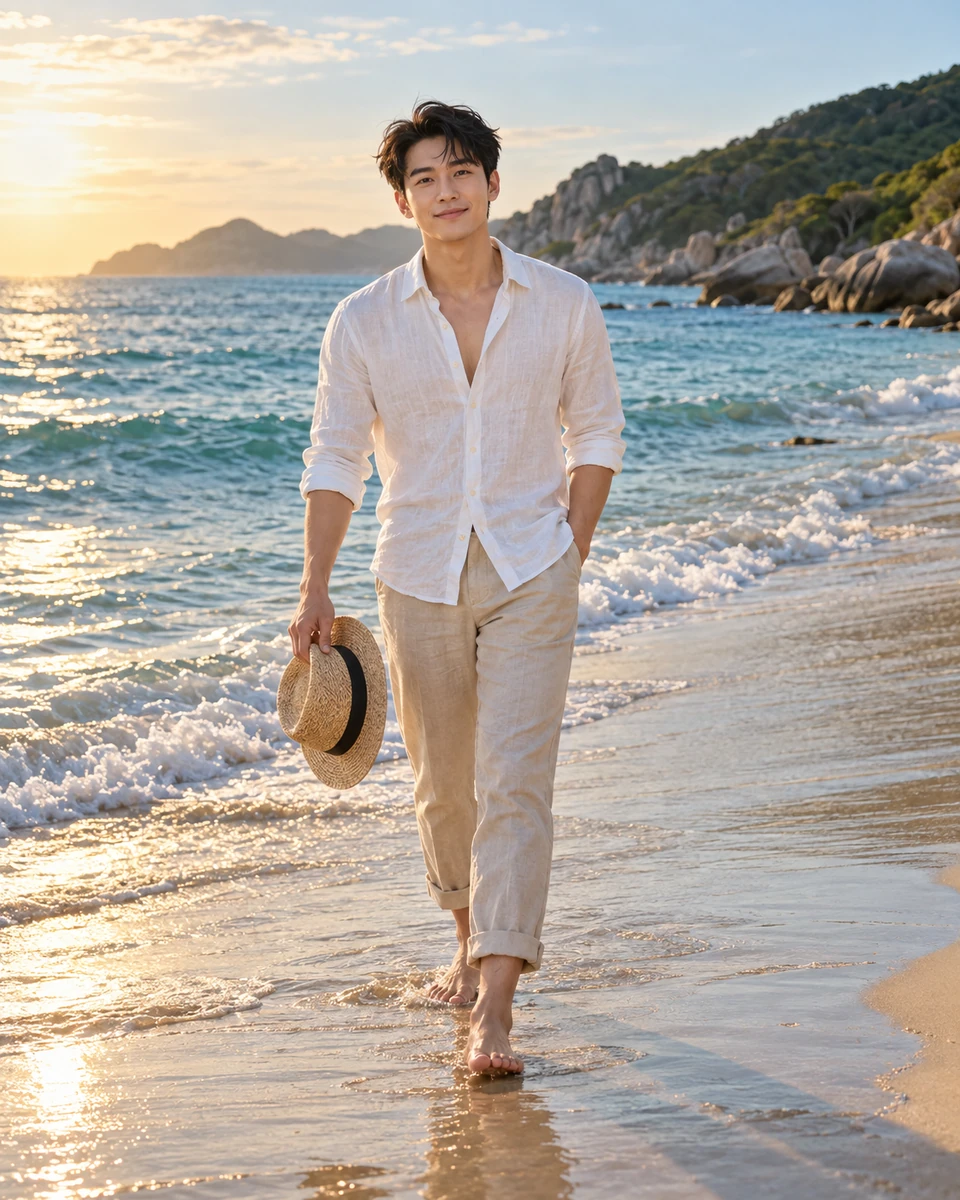 Ảnh AI minh họa Biển xanh — kỳ nghỉ mùa hè: Váy maxi cotton ngà hoặc xanh nhạt có lớp lót; hoặc sơ mi linen mở cổ vừa phải và quần be. Mũ cói cầm tay, Bãi cát sạch