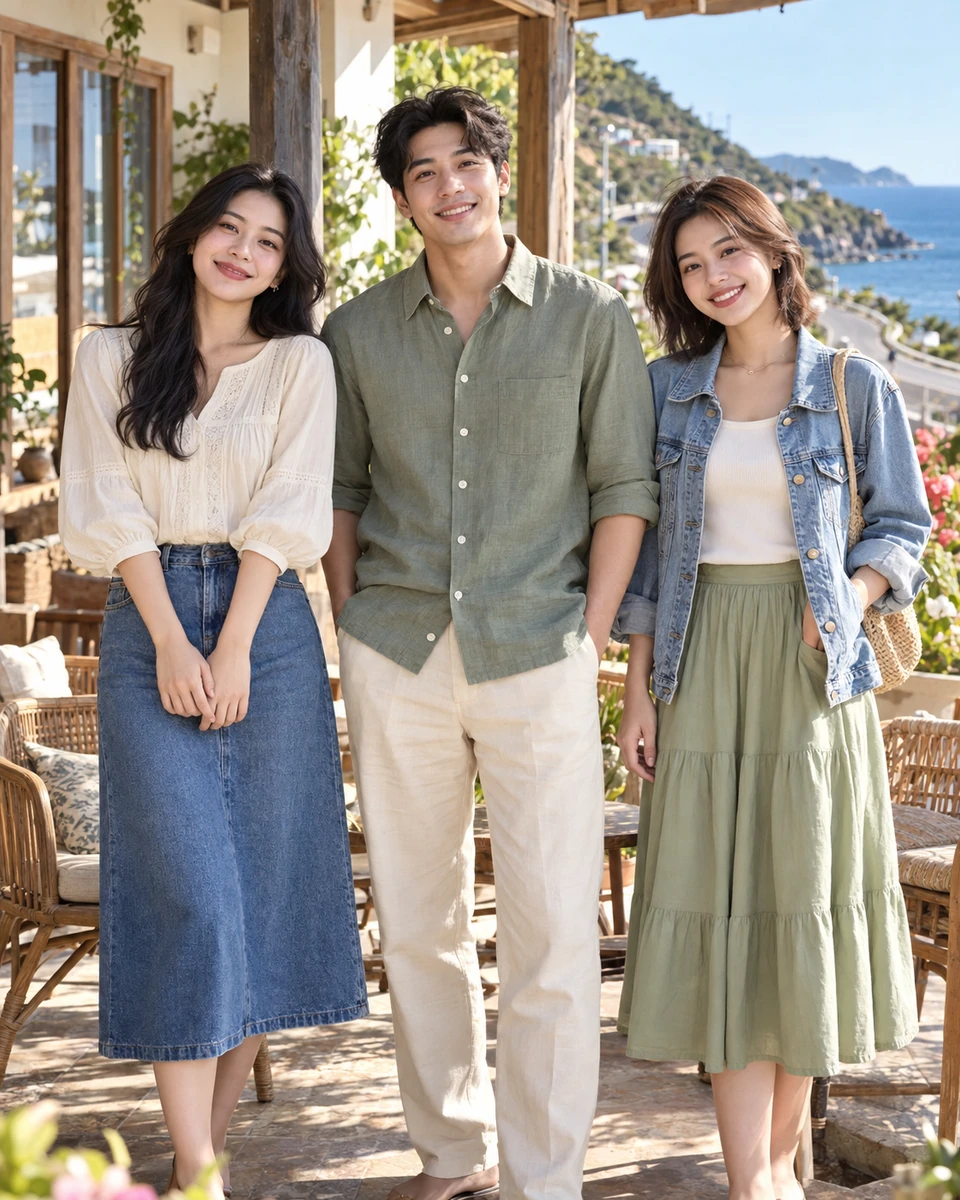Ảnh AI minh họa Hội bạn — kỳ nghỉ thanh xuân: Ba người mặc ba bộ khác nhau trong bảng màu kem sage denim, Hiên homestay sáng với ba ghế riêng