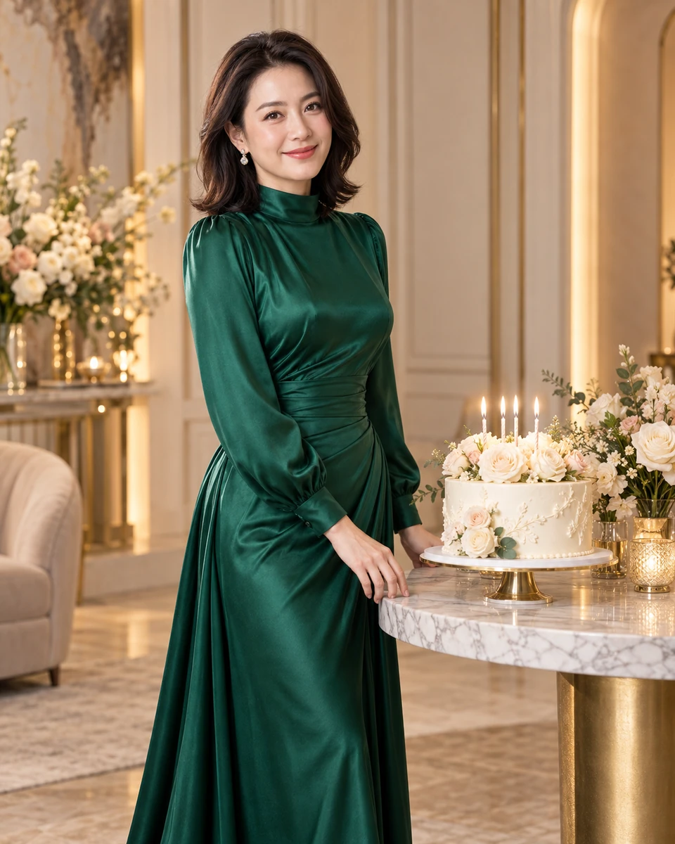 Ảnh AI minh họa Sinh nhật sang trọng: Váy satin cao cấp hoặc suit, Studio be