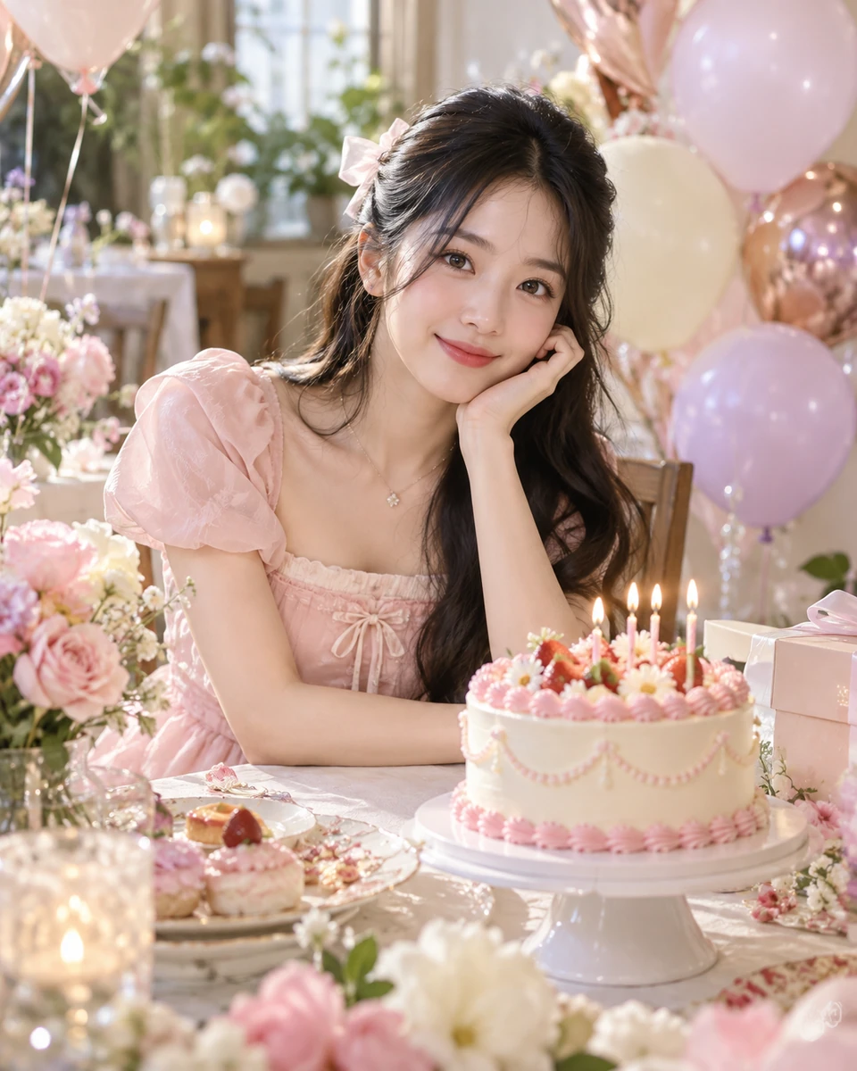 Ảnh AI minh họa Sinh nhật pastel: Váy pastel có lót hoặc sơ mi sáng hợp tuổi, Bánh