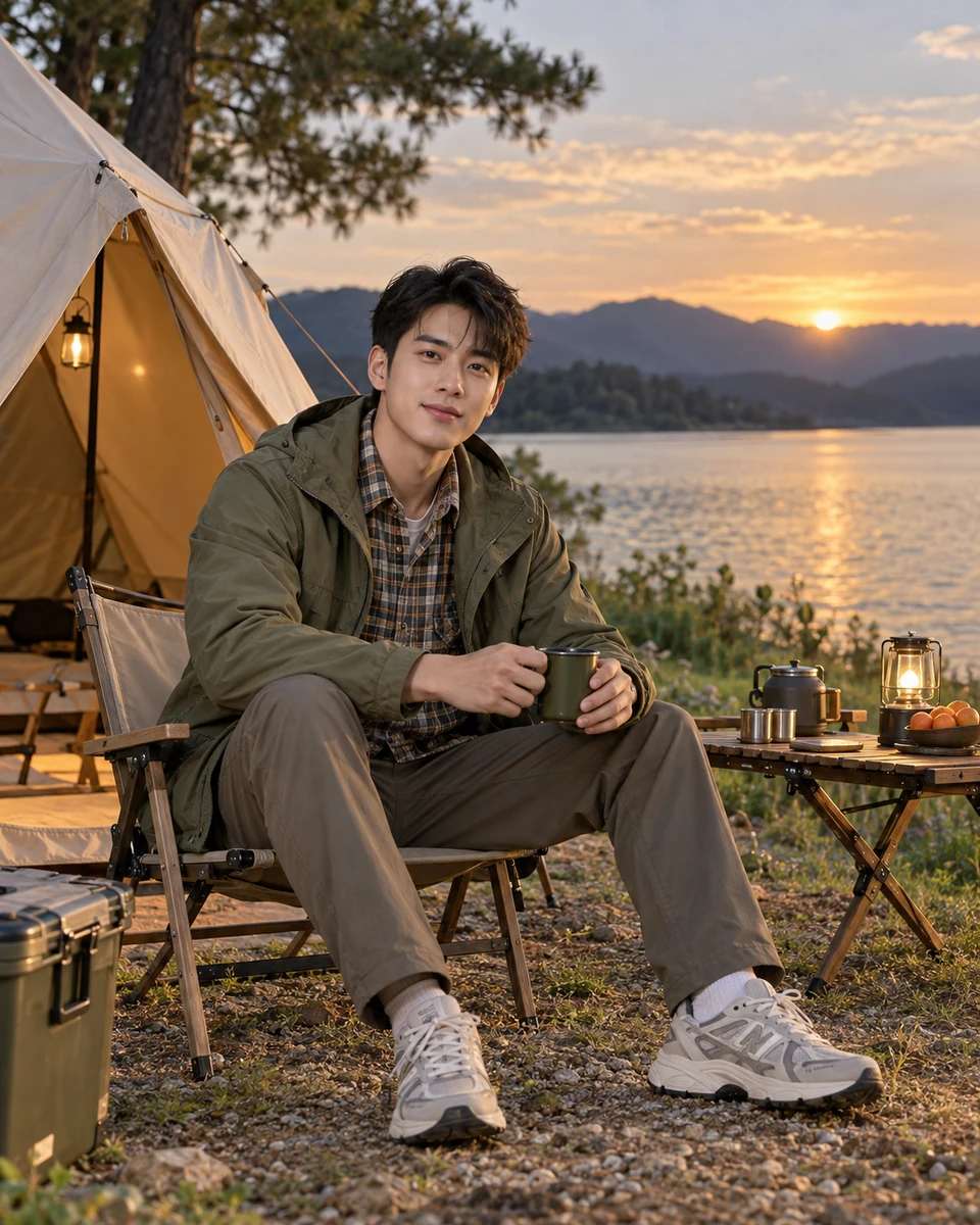 Ảnh AI minh họa Camping — bên hồ bình yên: Áo flannel ô nhỏ hoặc len ngà, Lều canvas trên nền phẳng cách mép hồ
