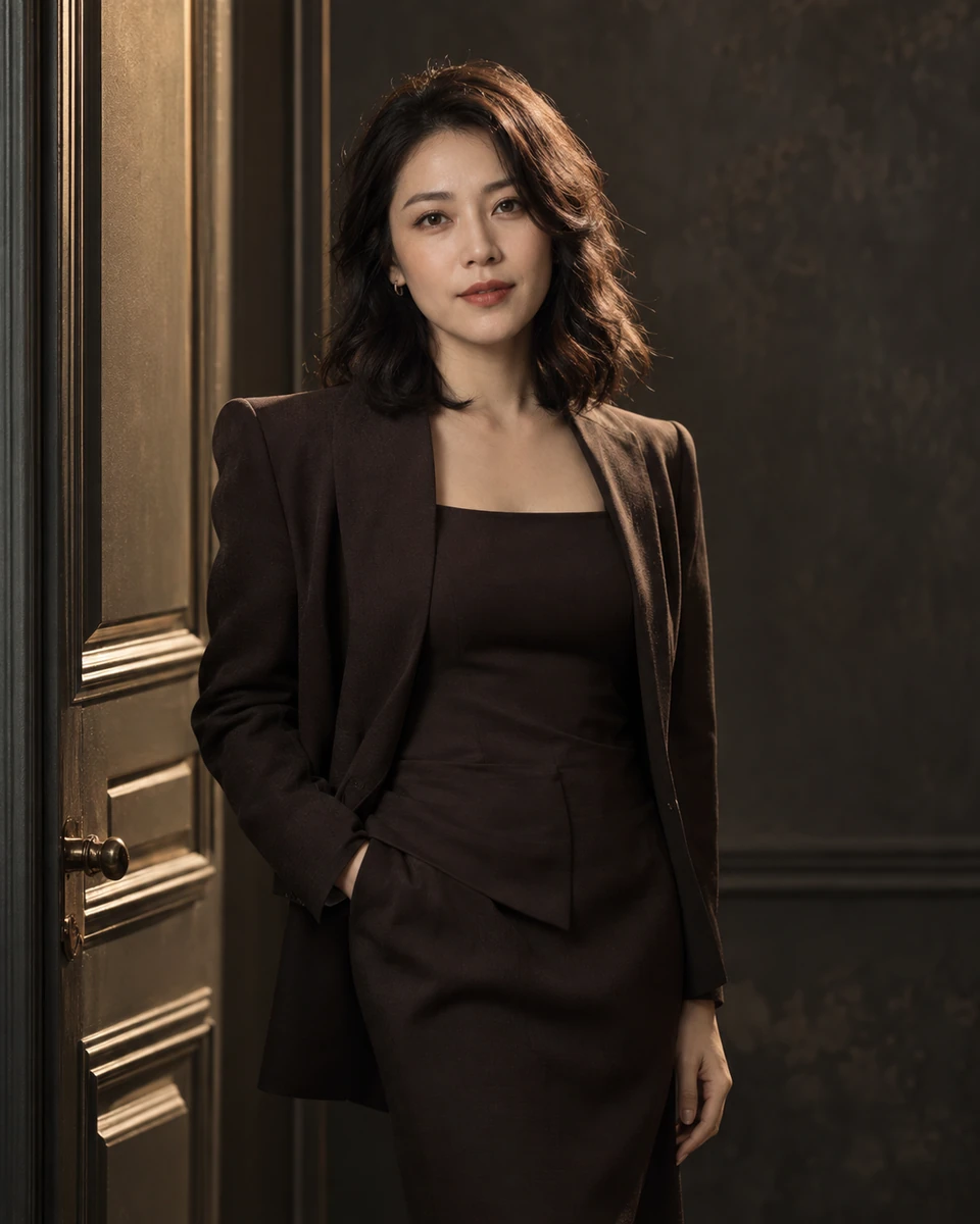 Ảnh AI minh họa Chân dung điện ảnh: Váy hoặc suit màu trầm, Studio có cửa và tường texture