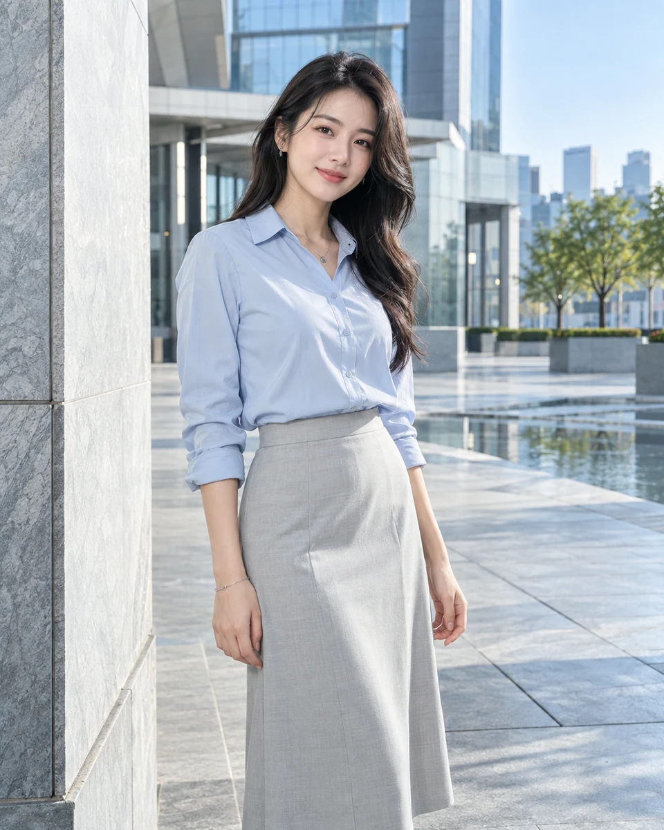 Ảnh AI minh họa Cool Blue — thành phố xanh lạnh: Sơ mi xanh băng hoặc áo khoác nhẹ cùng áo ngà; quần xám sáng hoặc váy midi, Quảng trường kiến trúc kính và đá sáng