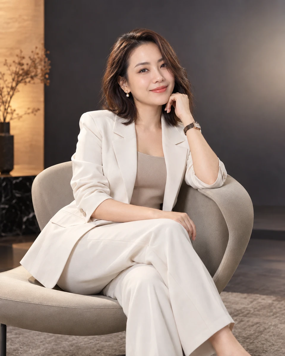 Ảnh AI minh họa Thương hiệu cá nhân sáng tạo: Blazer không cà vạt hoặc bộ phối màu tinh tế, Studio hiện đại