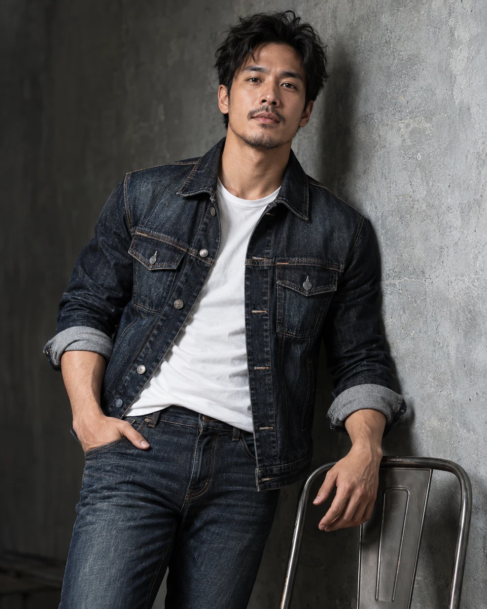 Ảnh AI minh họa Nam tính với denim: Denim dày hoặc áo da trơn, Tường bê tông texture