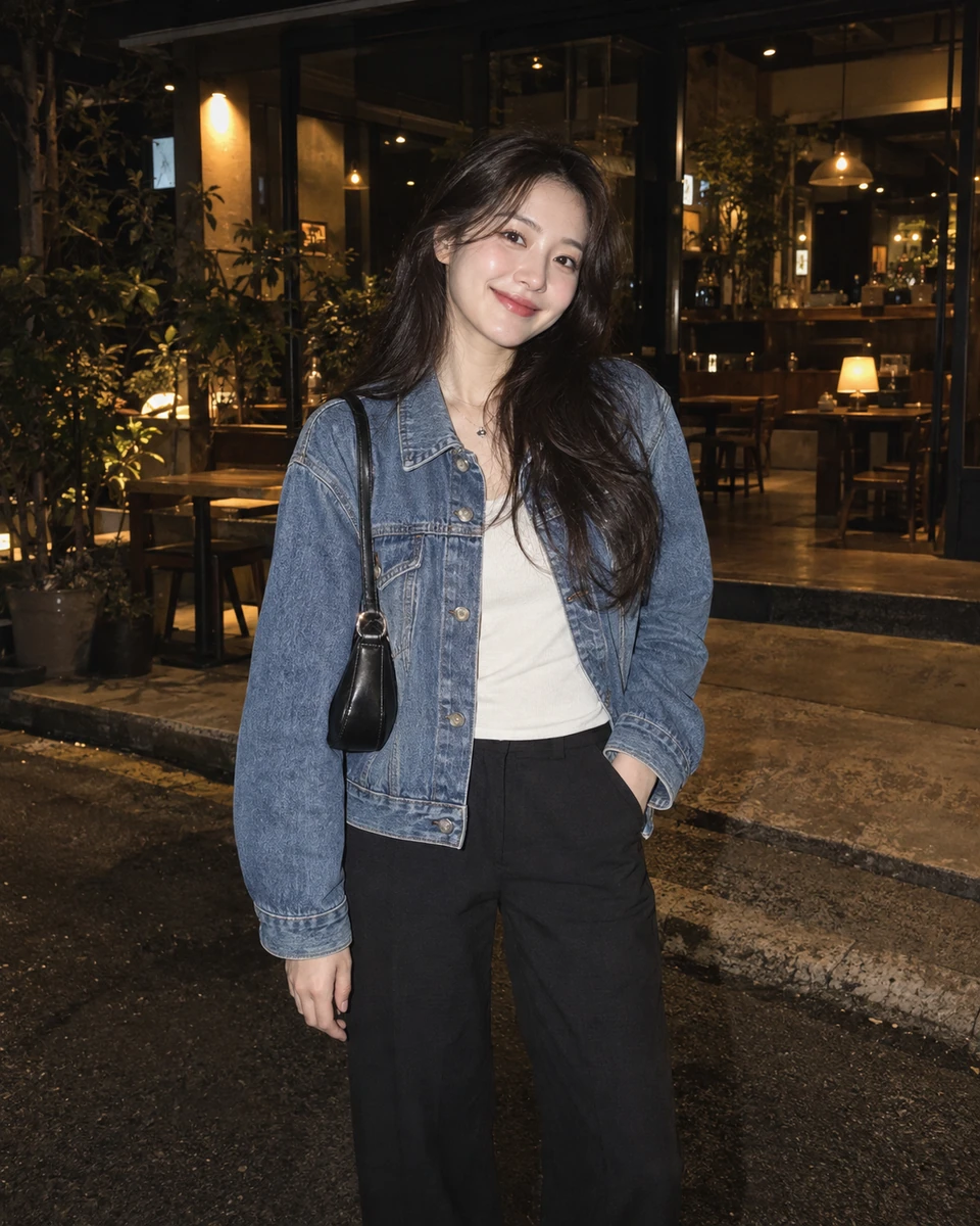 Ảnh AI minh họa Digicam — đi chơi tối cùng bạn: Denim jacket, Hiên quán đời thường buổi tối