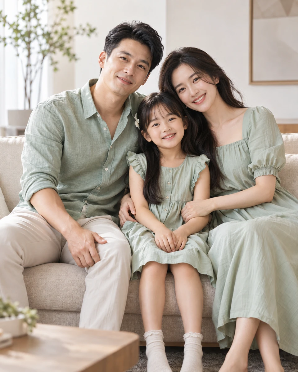 Ảnh AI minh họa Gia đình hiện đại: Ba người gia đình mặc kem xanh đồng điệu, Phòng khách studio sáng
