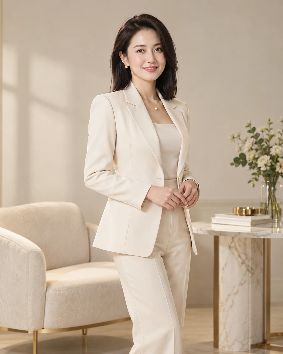 Ảnh AI minh họa Nữ doanh nhân thanh lịch: Suit kem may đo hoặc váy công sở kín đáo, Studio be