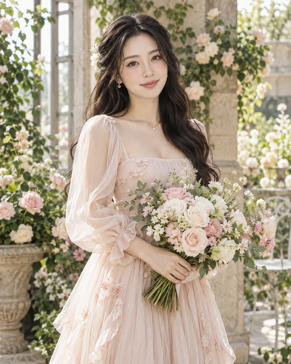 Ảnh AI minh họa Nàng thơ với hoa: Váy chiffon pastel có lớp lót, Hoa tươi tự nhiên