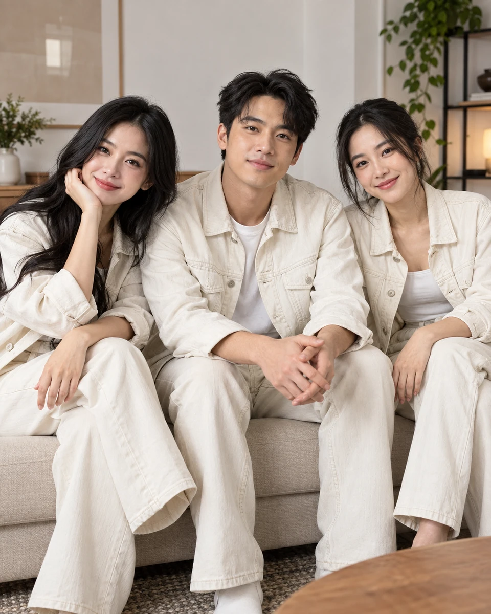 Ảnh AI minh họa Nhóm bạn thân: Ba người mặc kem denim đồng điệu, Studio sáng