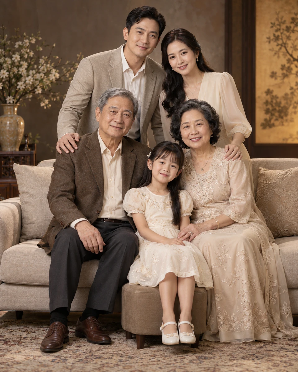 Ảnh AI minh họa Gia đình nhiều thế hệ: Năm người đồ thanh lịch đồng điệu hợp tuổi vóc dáng, Studio ấm