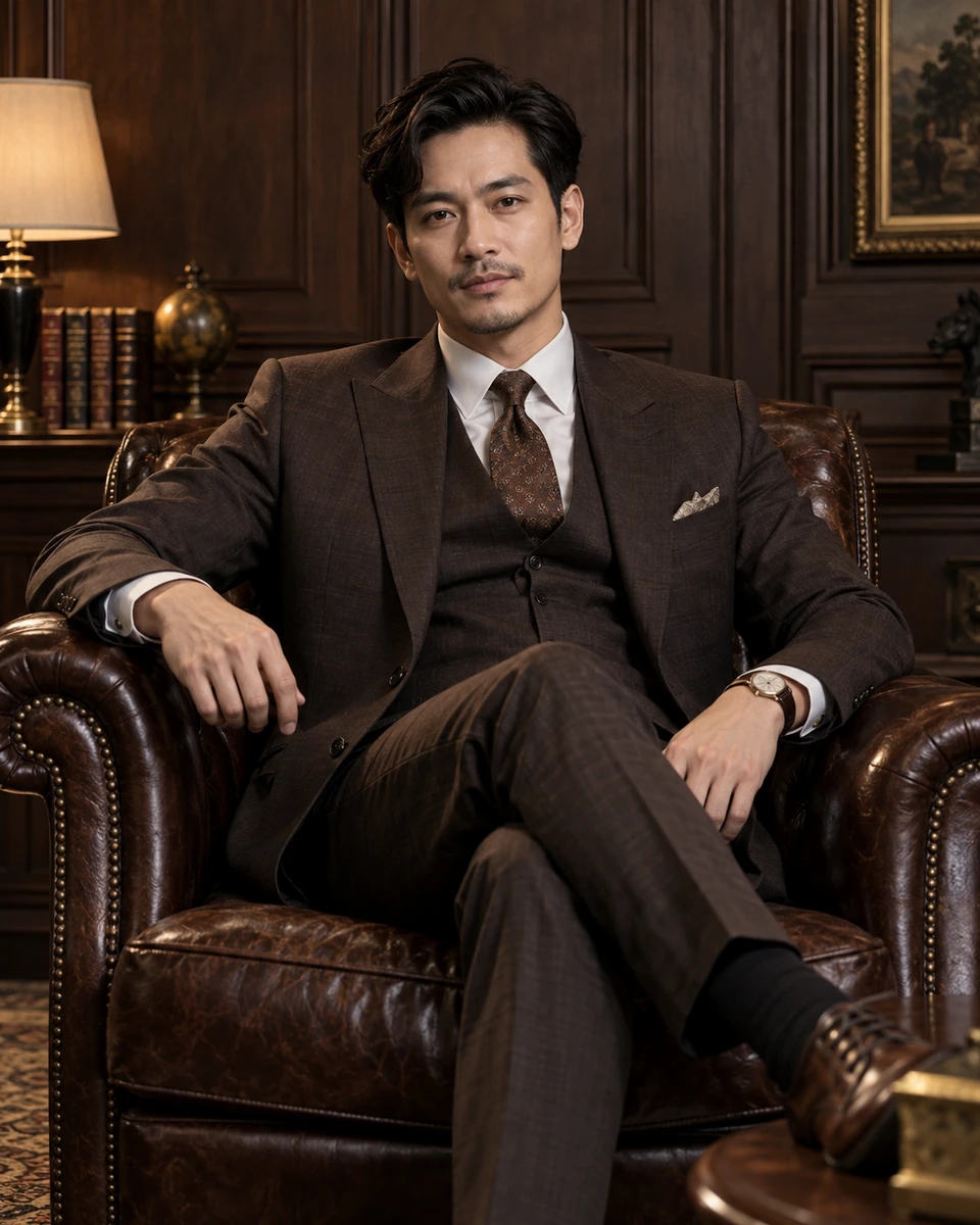 Ảnh AI minh họa Quý ông cổ điển: Suit ba mảnh nâu hoặc navy, Ghế da