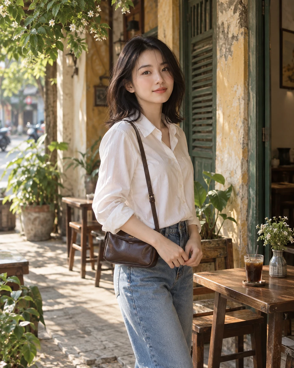 Ảnh AI minh họa Hà Nội — dạo phố màu phim: Sơ mi trắng và denim straight, Hiên nhà phố cũ lấy cảm hứng Hà Nội