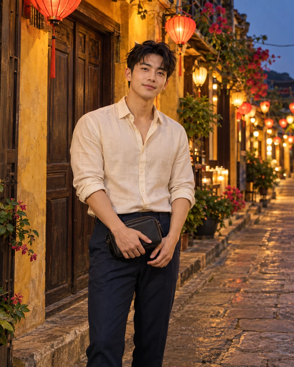 Ảnh AI minh họa Hội An — đêm đèn lồng: Váy linen kem hoặc đỏ đất kín đáo; hoặc sơ mi kem và quần navy. Phụ kiện nhỏ, Phố đi bộ lấy cảm hứng Hội An lúc chạng vạng