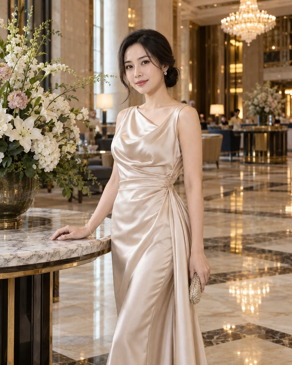 Ảnh AI minh họa Sang trọng tại sảnh khách sạn: Váy satin couture champagne kín đáo hoặc vest may đo phù hợp người tham khảo, Sảnh khách sạn năm sao