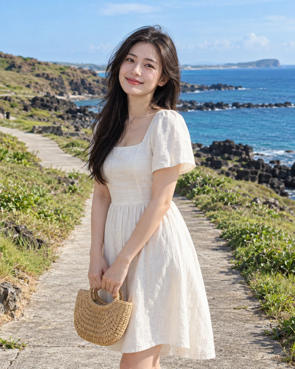 Ảnh AI minh họa Phú Quý — cung đường ven biển: Váy linen ngà có lót, Cung đi bộ ven biển lấy cảm hứng Phú Quý
