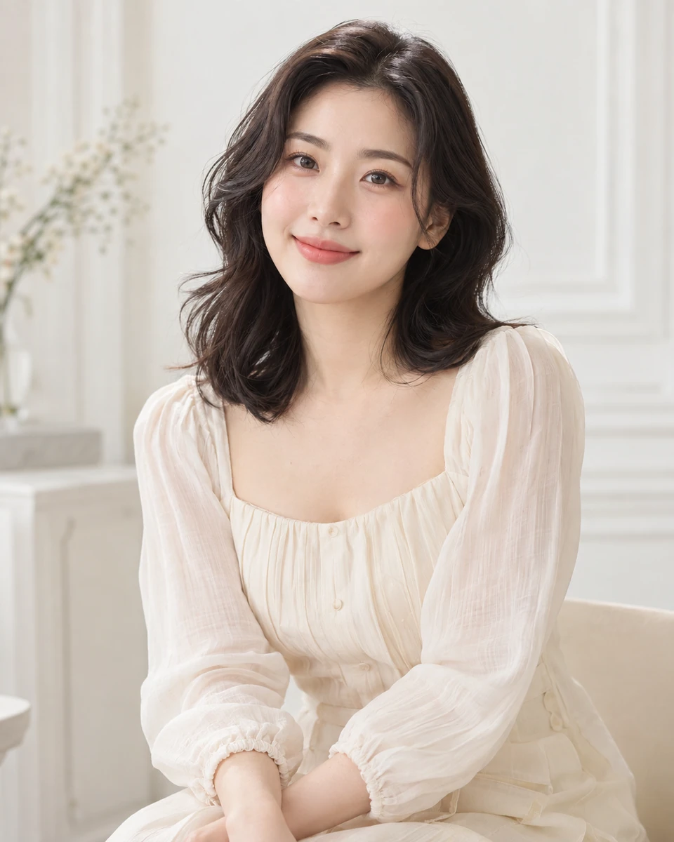 Ảnh AI minh họa Chân dung Hàn Quốc: Blouse hoặc váy kem tối giản, Studio trắng ngà
