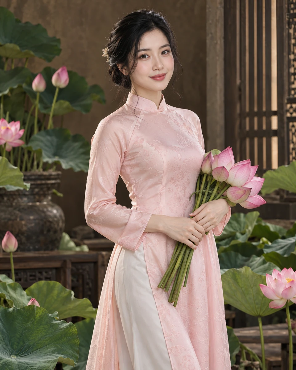 Ảnh AI minh họa Áo dài bên hoa sen: Áo dài hồng nhạt hoặc ngà có lớp lót, Sen hồng