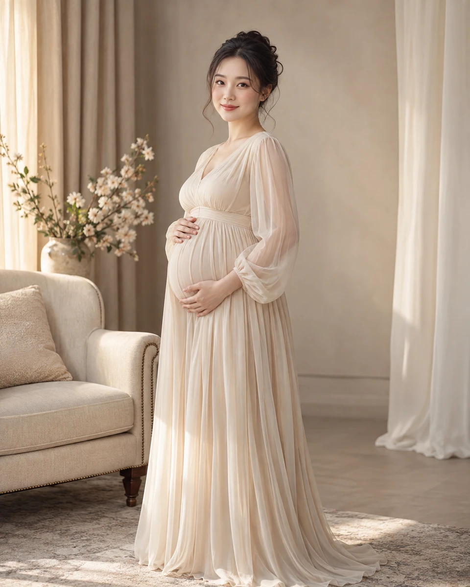 Ảnh AI minh họa Mẹ bầu thanh lịch: Váy bầu dài kín đáo rủ đúng form, Studio be