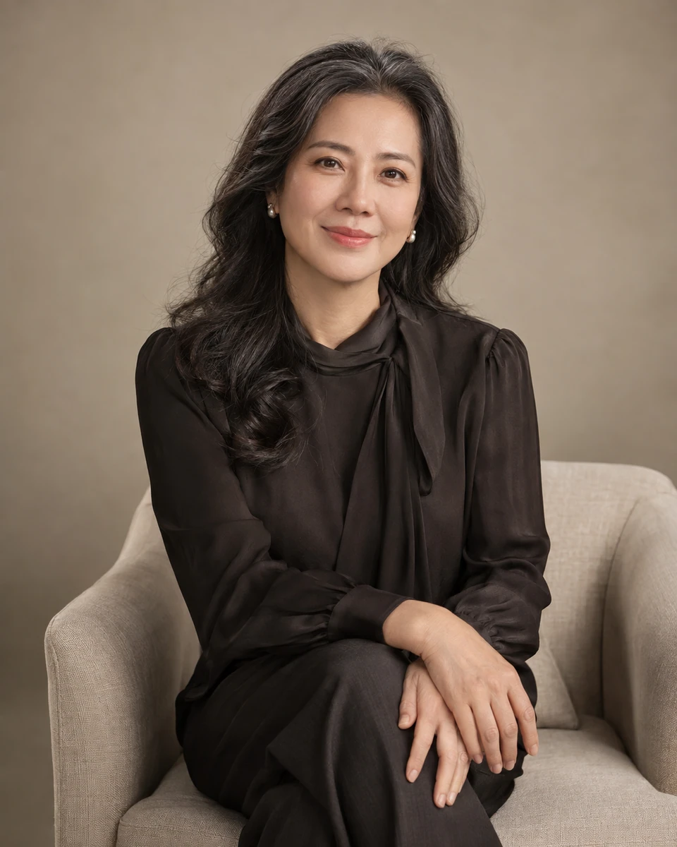 Ảnh AI minh họa Chân dung tuổi trưởng thành: Đồ thanh lịch vừa người, Studio be hoặc xám ấm