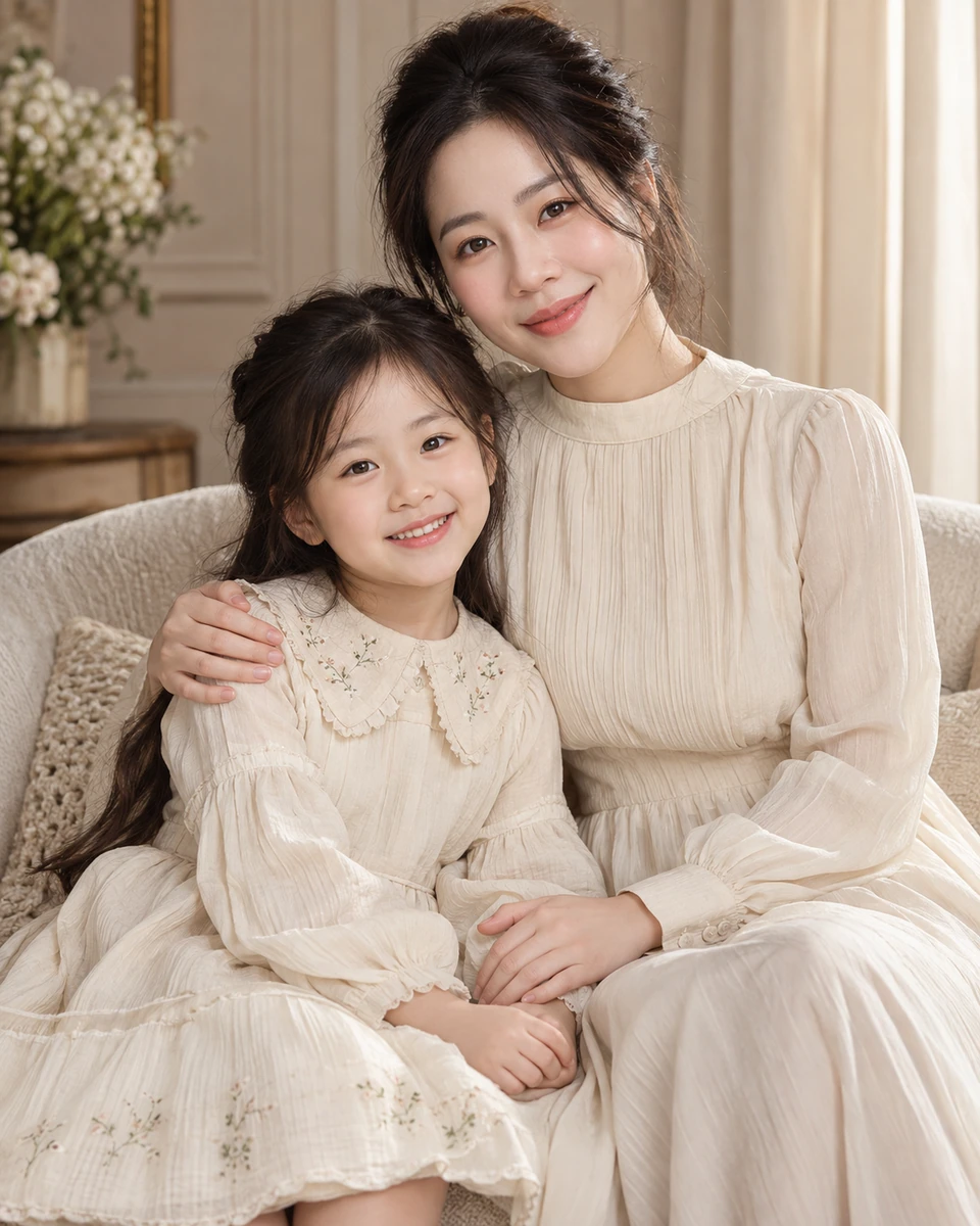 Ảnh AI minh họa Mẹ và con: Mẹ và trẻ theo ảnh gốc, Studio ấm