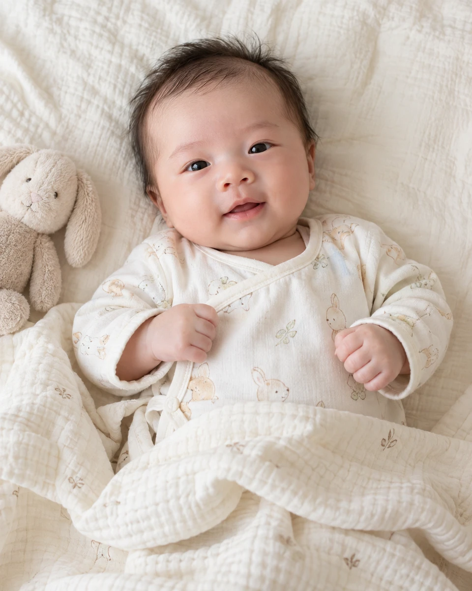 Ảnh AI minh họa Em bé sơ sinh dịu dàng: Cotton sơ sinh kín đáo, Nệm phẳng thấp