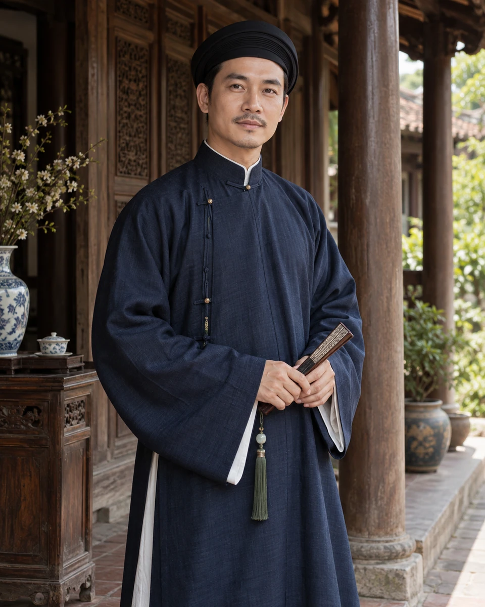 Ảnh AI minh họa Áo ngũ thân truyền thống: Áo ngũ thân đúng kết cấu cổ đứng, Hiên gỗ truyền thống