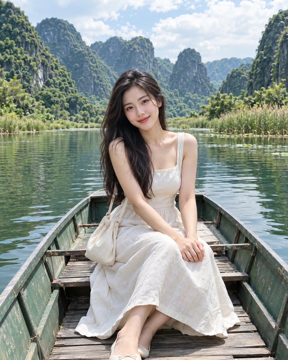 Ảnh AI minh họa Ninh Bình — thuyền giữa núi xanh: Váy linen ngà có lót và giày thấp; hoặc sơ mi xanh nhạt và quần kaki sáng. Túi vải nhỏ, Thuyền nhỏ ổn định giữa sông yên