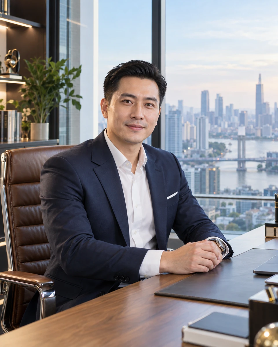 Ảnh AI minh họa Doanh nhân trong văn phòng: Vest navy hoặc blazer lịch sự, Văn phòng cao cấp