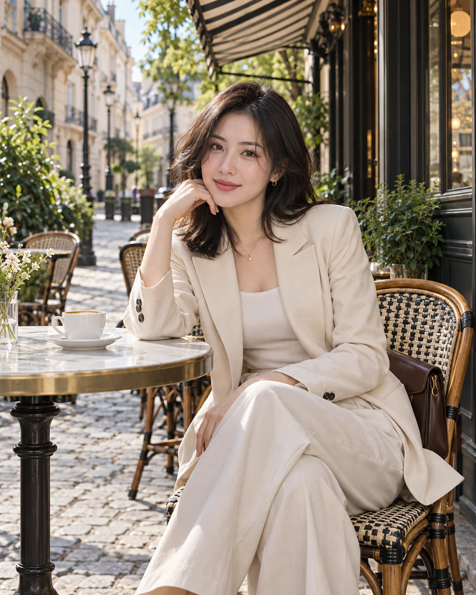 Ảnh AI minh họa Paris — cà phê ngoài hiên: Blazer kem, Hiên café lấy cảm hứng Paris