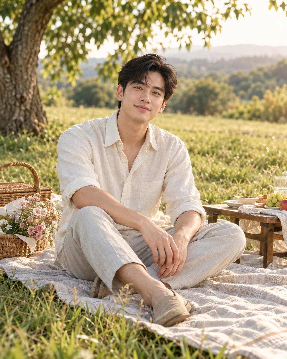 Ảnh AI minh họa Picnic — cuối tuần trên đồng cỏ: Váy cotton hoa nhí có lót hoặc sơ mi linen kem và quần sáng; giày thấp, Đồng cỏ thoáng