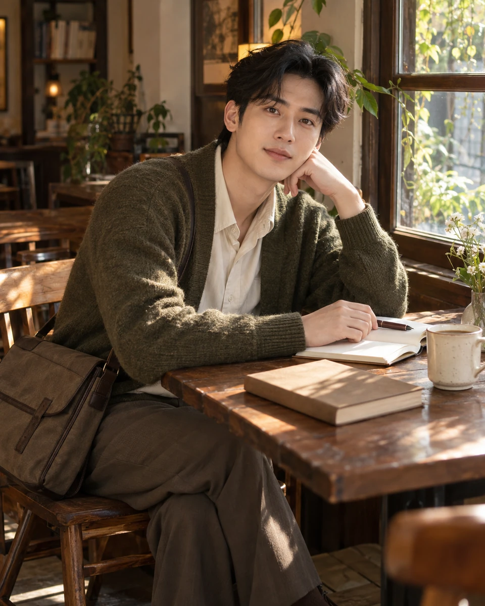 Ảnh AI minh họa Poetcore — viết và đọc ở quán nhỏ: Cardigan dệt mịn hoặc blazer mềm, Quán nhỏ với bàn gỗ