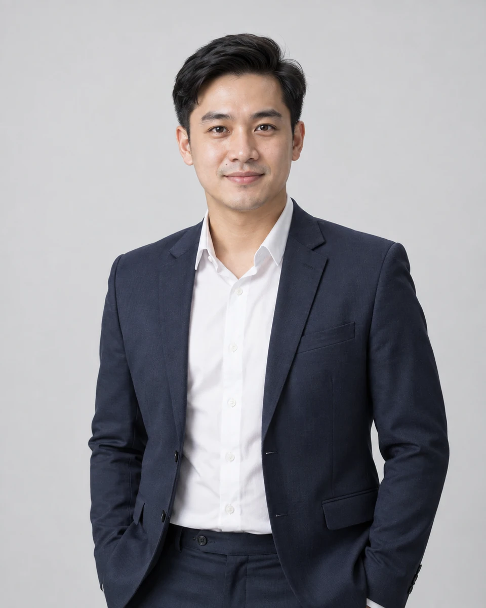 Ảnh AI minh họa Ảnh hồ sơ nghề nghiệp: Sơ mi trơn và blazer phù hợp người tham khảo, Nền xám nhạt hoặc trắng ngà