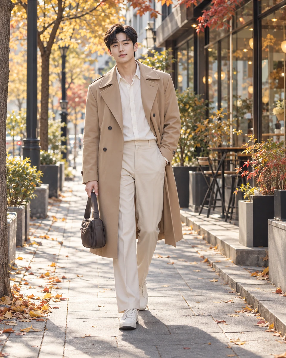 Ảnh AI minh họa Seoul — ngày thu dạo phố: Trench coat camel nhẹ và sơ mi ngà, Phố đi bộ lấy cảm hứng Seoul