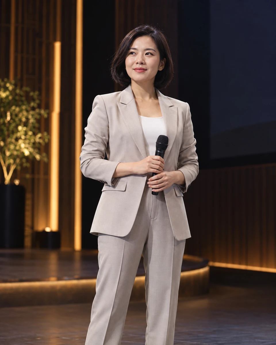 Ảnh AI minh họa Diễn giả chuyên nghiệp: Suit màu trơn, Sân khấu giả lập tối giản