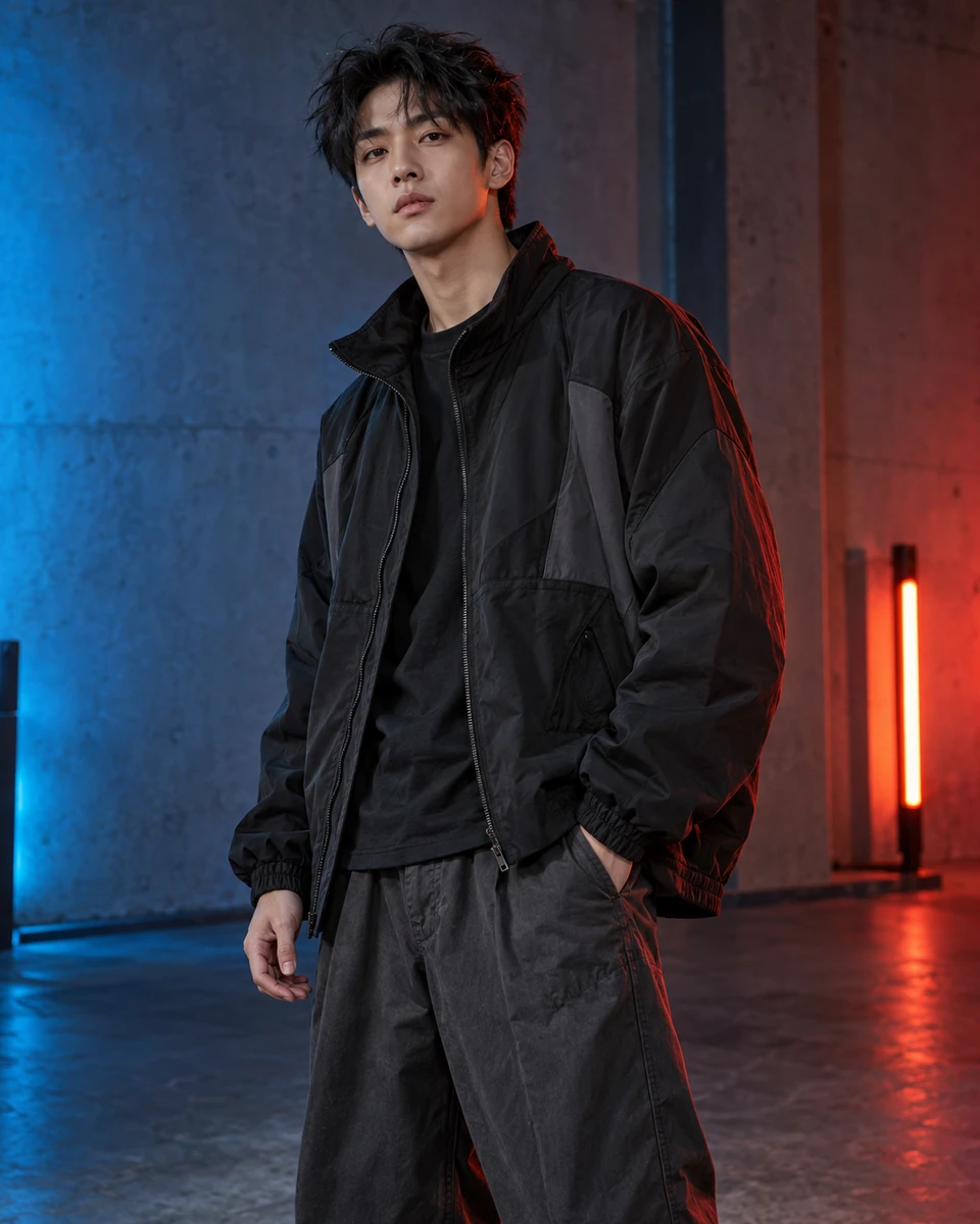 Ảnh AI minh họa Streetwear cá tính: Áo khoác streetwear, Studio bê tông