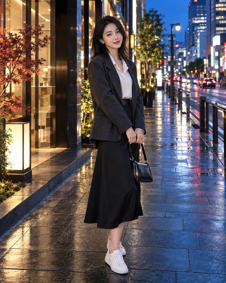 Ảnh AI minh họa Tokyo — phố đêm điện ảnh: Áo khoác charcoal, Phố Nhật hiện đại hư cấu lấy cảm hứng Tokyo