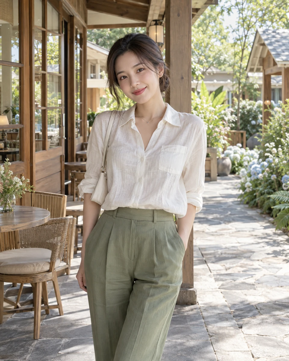 Ảnh AI minh họa Photo dump — nhật ký một chuyến đi: Một bộ linen hoặc casual ngà sage xuyên suốt, Một khu nghỉ dưỡng hư cấu có hiên café