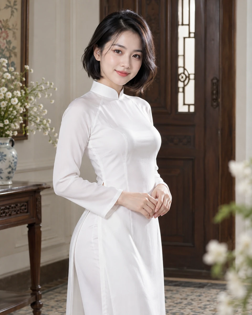 Ảnh AI minh họa Áo dài trắng tinh khôi: Áo dài lụa trắng có lớp lót, Studio thanh lịch