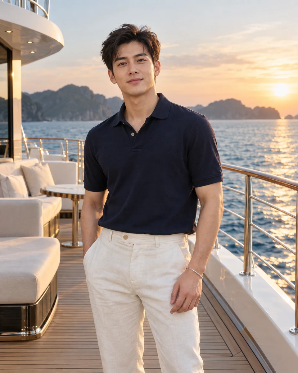 Ảnh AI minh họa Du thuyền — kỳ nghỉ thanh lịch: Váy midi trắng may gọn có lót, Du thuyền hiện đại trên biển êm